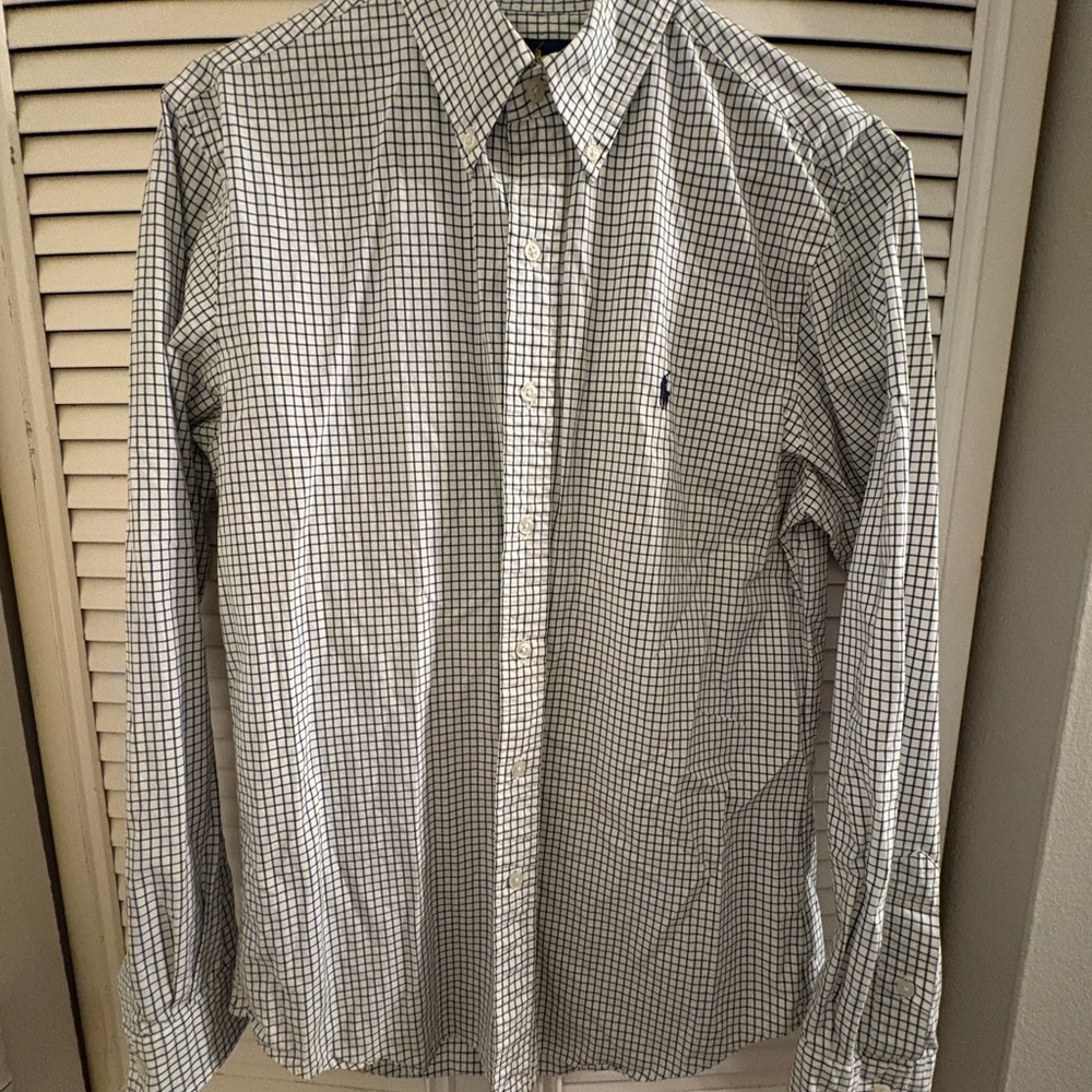 Ralph Lauren White and Blue Casual Button Down Shirt Slim Fit Gingham Checkered